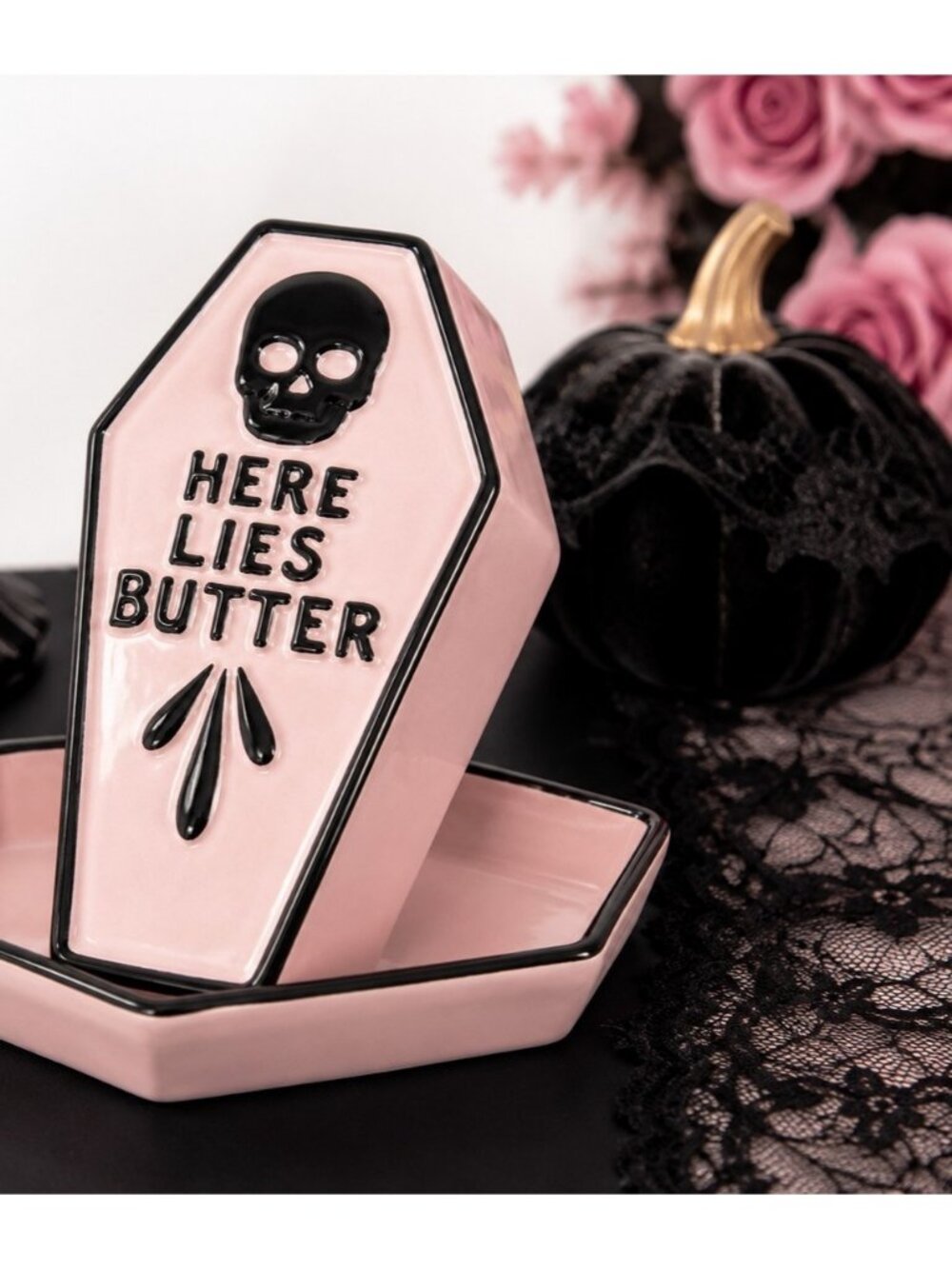New Pink Coffin Butter Dish Here Lies Butter Ceramic Halloween Goth Kitchen Deco